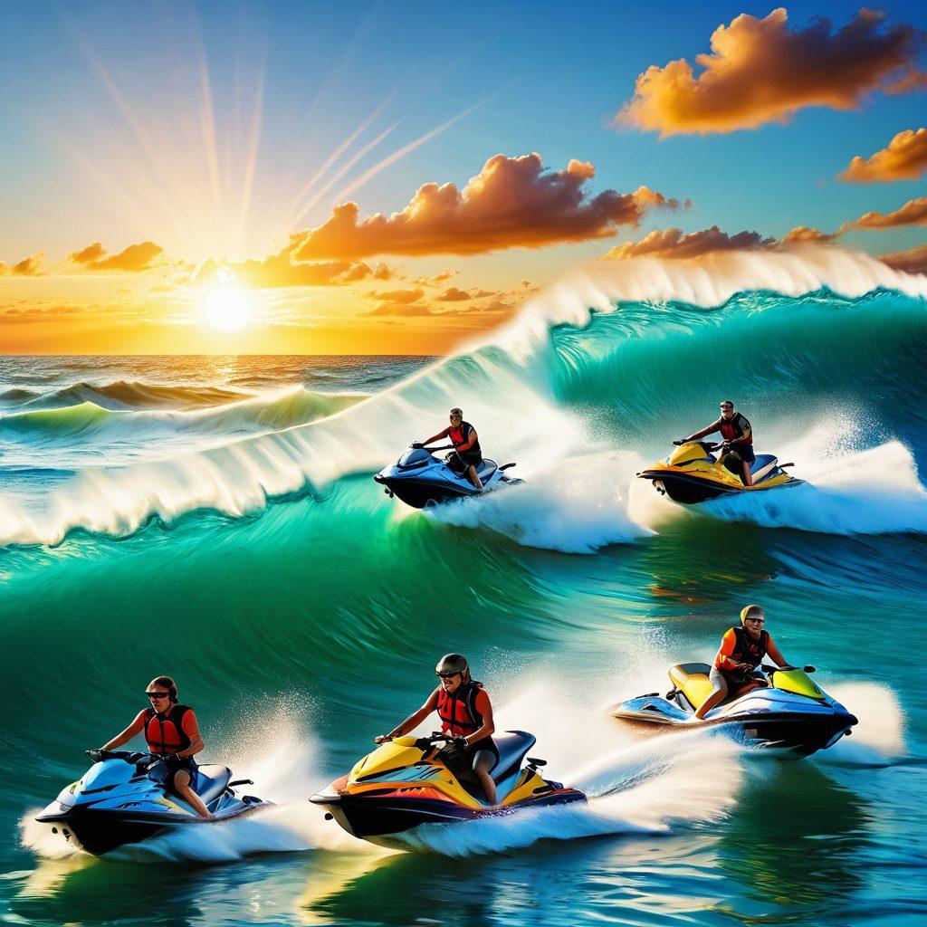 A dynamic scene featuring a diverse group of adventurers enjoying various water sports: sailing, jet skiing, and surfing, all united by a vibrant sea. Incorporate colorful waves crashing and a bright sun illuminating the horizon. Display elements of safety equipment subtly in the background, like life vests and helmets, symbolizing tailored insurance solutions. Include an imagery of insurance documents floating in the air like clouds, bringing a whimsical touch. super-realistic. vibrant colors. 3D.