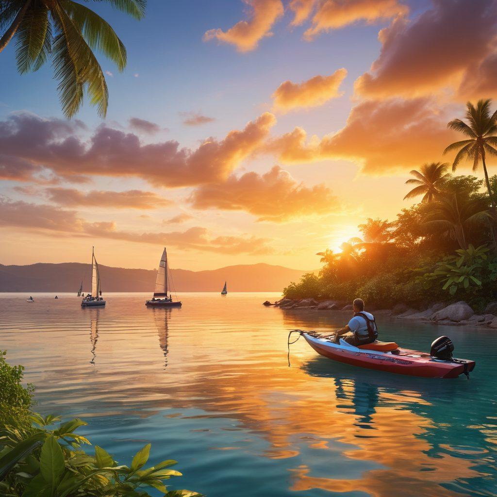 A serene waterfront scene showcasing a variety of watercraft including sailboats, kayaks, and jet skis, with a vibrant sunset reflecting off the water. Incorporate elements like insurance documents and a happy family enjoying their day on the water, symbolizing the importance of marine coverage. The background features lush greenery and gentle waves, evoking a sense of adventure and safety. super-realistic. vibrant colors. 3D.