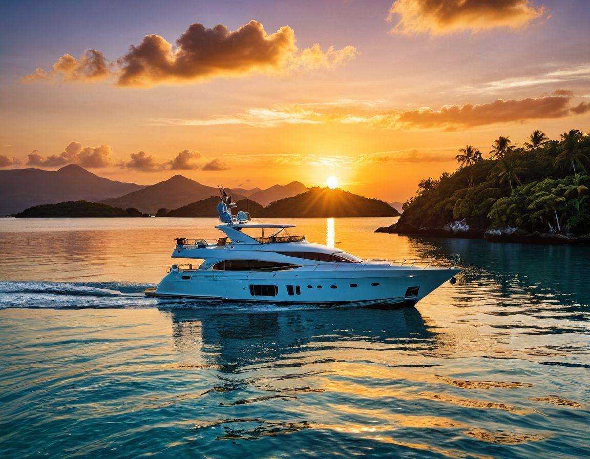 A serene image of a luxurious yacht sailing through crystal clear waters, surrounded by lush tropical islands. The scene captures a vibrant sunset, casting golden hues over the water, with the yacht showcasing elegant design and adventure gear. Include playful dolphins jumping beside the yacht, enhancing the sense of joy and adventure. Add elements of marine safety gear subtly positioned on deck, symbolizing essential coverage. super-realistic. vibrant colors. sunset ambiance.